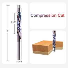 SpeTool 1/4'' Shank Compression Cut Flush Trim Router Bit, 1-1/8'' Cutting Length, Extra Long Life SPE-X Coated, Spiral CNC Pattern Router Bit for Woodworking