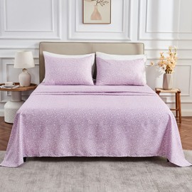 Gogreen 4PC Deep Pocket California King Sheet Set Fit 14", Breathable Microfiber Soft California King Size Sheet Set, Hotel Style Bed Sheet Set, Gift for Women, Men - White Flower Purple Backgroud