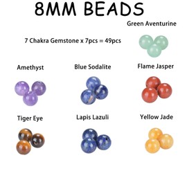 8mm 49pcs Gemstone Beads with 10M-Elastic String and Beading Needle,7 Chakra Crystal Stone Beads for Jewellery Making Gift for Women
