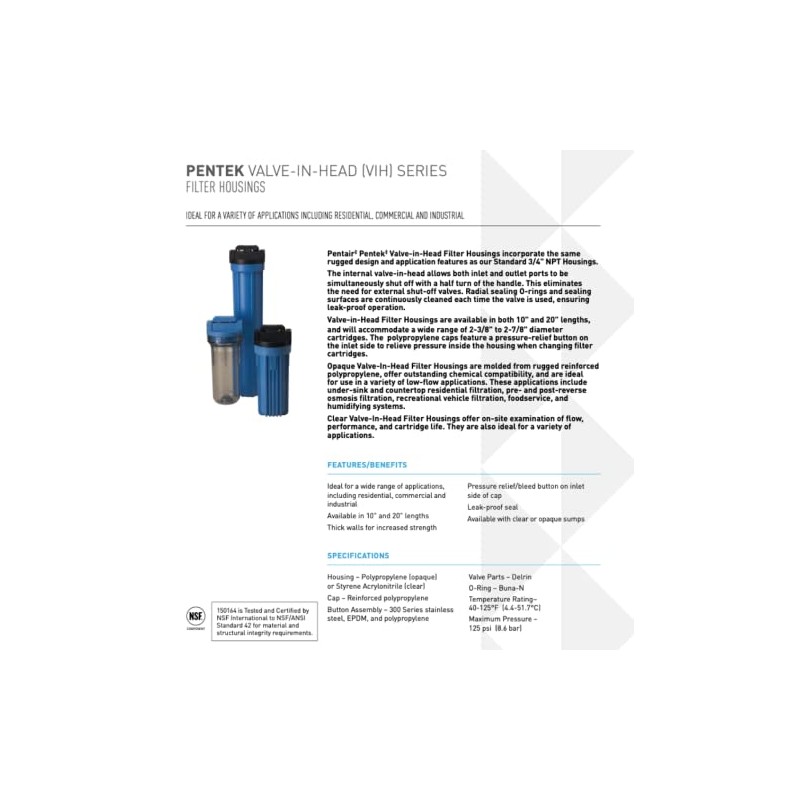 Pentair Pentek 150437 Valve-In-Head Filter Housing, 3/4" NPT #10 Standard