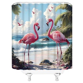 YSSFAV Tropical Flamingo Shower Curtain Beach Ocean Coastal Palm Tree Sea Turtle Natural Landscape Bathroom Decor Curtains Set with Hooks, 70" W x 70" H