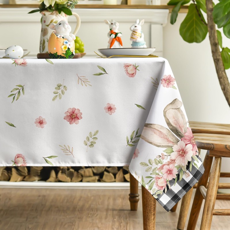Horaldaily Easter Tablecloth 60x120 Inch Rectangular, Spring Flower Buffalo Plaid