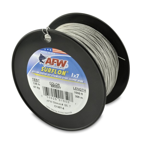 American Fishing Wire Surflon Nylon Coated 1x7 Stainless Steel Leader Wire, Bright Color, 135 Pound Test, 1000-Feet