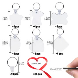 24 Pieces DIY Sublimation Blank Key Rings with Red Ribbons, 6 Styles MDF Sublimation Key Ring Blanks, Heat Transfer Sublimation Pendant Ornament for Decorating Craft Supplies, White