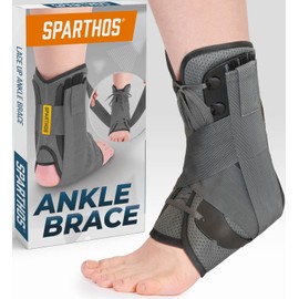 Sparthos Lace Up Ankle Brace - Support for Injury Recovery and Foot Sprains - Compression for Running, Basketball, Volleyball - Compression Stabilizer Braces - For Men & Women (Gray - XL)