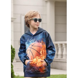 Basketball Hoodies for Boys 8-11 Years Old Fashion Sports Hooded Sweatshirt for Winter Fall Kids 3D Print Lightning Fire Pullover with Big Pocket Long Sleeve