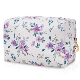 Makeup Bags for Women, Small Leather Cosmetic Bag for Purse, Floral Waterproof Make up Pouch Organizer, Zipper Portable Storage Travel Toiletry Bag Gifts(Purple Flower)
