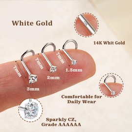 GEMQUEEN 14K White Gold Nose Rings Studs : Solid Gold 18G 20G 22G Screw Nose Rings Simulated Diamond CZ Nose Studs Hypoallergenic Nose Piercings for Women Men 1.5mm 22G