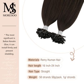 Moresoo U Tip Hair Extensions Human Hair Hot Fusion Hair Extensions 18 Inch Tips in Hair Extensions Solid Color #2 Darkest Brown Nail Tip Italian Keratin Fusion Hair 50g 50s