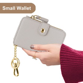 Penekin Keychain wallet with ID Window，Credit Card Holder Leather, Zipper Card Case for Women & Men(Beige)