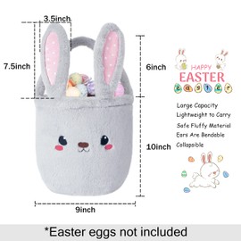 Bunny Easter Basket for Kids, 2 Pack Set Cute Plush Empty Bucket with Foldable Ears and Handle Egg Hunt Tote Candy Bag Basket for Boy Girl Teens Gift, Easter Basket Decor White and Grey 2Pcs