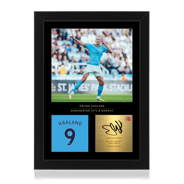 Win FC Erling Haaland Signed A4 Framed Photo Display - Reproduced Digital Signature - Gift For Manchester City Fans