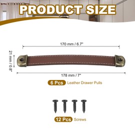 PATIKIL 7" Leather Drawer Pulls with Iron Sheet, 6 Pcs Leather Strap Trunk Handle Cabinet Knobs Hardware Replacement with 18mm Screws for Dresser Door Suitcase Luggage, Light Brown