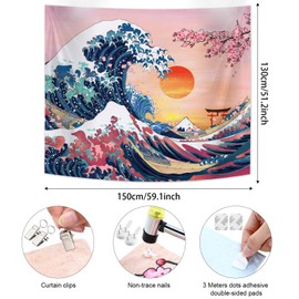 The Great Wave Tapestry Japanese Ocean Wave Wall Tapestry Cherry Blossom Tree Backdrop Sunset Tapestry Mountain Hanging Kanagawa Tapestry for Japanese Living Room Bedroom Decorations (59 x 51 Inch)