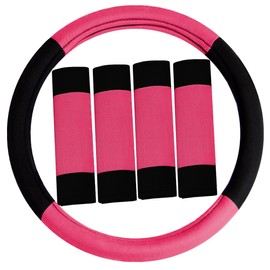 FH Group Universal Fit Modernistic and Seat Belt Pads Combo Set Steering Wheel Cover Fits Most Cars, SUVs Pink