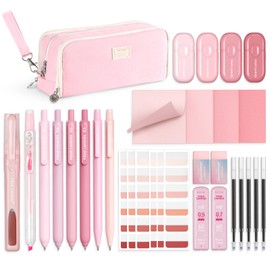 Four Candies Aesthetic School Supplies, 4 Gel Pens with Black Ink, 4 Correction Tape, 2 Pastel Highlighters, 2 Mechanical Pencils, Sticky Notes, Index Post for Back to School Supplies with Case Pink