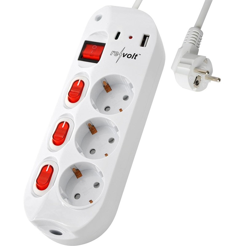 revolt Multi Power Strip: 3-Way Power Strip, Individually Switchable, with