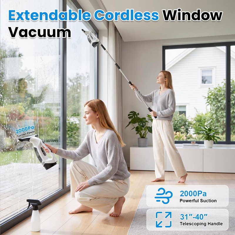 Window Vacuum Squeegee with Extendable Pole, Electric Window Cleaner Tool