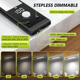 Mpotmiy 4 Pack 10" Under Cabinet Lights with Digital Display,52 LED Rechargeable Motion Sensor Light Indoor,3 Color Temperatures, Magnetic Dimmable Closet Lights, Under Counter Light for Kitchen