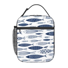 VANZEV Blue Lunch Box for Adults Kids Women Men Nautical Fish Print Lunch Bag Cooler Tote Reusable Insulated Lunch Bag Container Gifts for Office Picnic Travel Work School