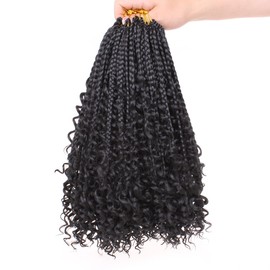 Leeven 14 Inch Boho Box Braids Pre-Looped Braiding Hair with Curly Ends 8 Packs Synthetic Crochet Goddess Box Braid for Black Woman 16 Strands/Pack Crochet Braiding Hair Extensions 1B#