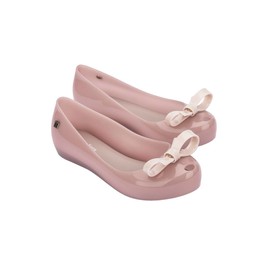 mini melissa Ultragirl Bow Ballet Flats for Girls- Comfortable & Cute Peep Toe Jelly Flat Shoes with Transparent Upper and Small Bow for Kids, Beige, 3