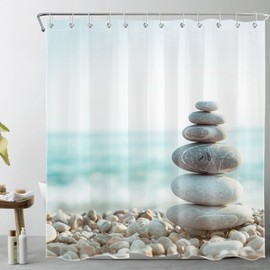 LB Zen Stone Shower Curtain, Japanese Zen Theme Bathroom Curtain Asian Beach Ocean Spa Shower Curtains for Bathroom with Hooks Machine Washable Polyester Fabric Bath Curtain 72x72 Inches