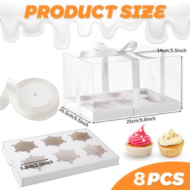 JCD 5.5inches height 8 Pack Clear Cupcake Boxes 6 Count Cupcake Containers with Gift Ribbon, Rectangle Cupcake Holder for Treats, Dessert Boxes, Muffins (6count/8pcs)