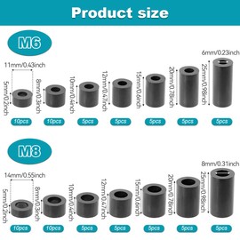 ABS Round Spacer Washer Assortment Kit, 90pcs Insulation Column Standoff Spacer, M6 M8 Plastic Spacers with Storage Box 14 Kinds Different Size(Black)