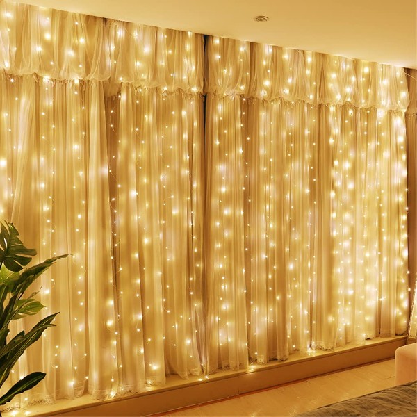 HXWEIYE 300LED Fairy Curtain Lights Warm White, 3mx3m USB Powered 8 Modes Window String Lights with Remote Timer Adjustable Brightness for Bedroom, Indoor, Outdoor, Weddings, Party