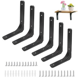 SAMSYOKI Pack of 6 Shelf Brackets Metal Black Shelf Brackets Angle Bracket Wall Mounting Heavy Duty Shelf Brackets with Screws 90 Degree Shelf Holder for Bookshelves Storage Shelf Kitchen 150 x 125 mm