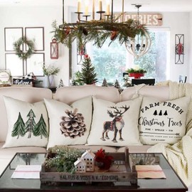 ZWJD Christmas Cushion Cover, 45 x 45 cm, Set of 4 Cushion Covers, Decorative Linen Cushion Covers for Christmas, Sofa, Bedroom, Couch, Cushion Cover, 45 x 45 cm