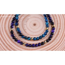 Apocalyptic-K Ladies Stone Bracelet &925 Gold,│4MM│,Tourmaline,Obsidian,Agate,Crystal，Hand Woven Bracelet（Size Adjustable）. (Blue Tiger's Eye)
