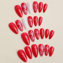 24Pcs Christmas Press on Nails Medium Almond Snowflake Fake Nails Christmas Glue on Nails with Glitter Red Full Cover Acrylic False Nails Artificial Christmas Nails for Women New Year Manicure Decor