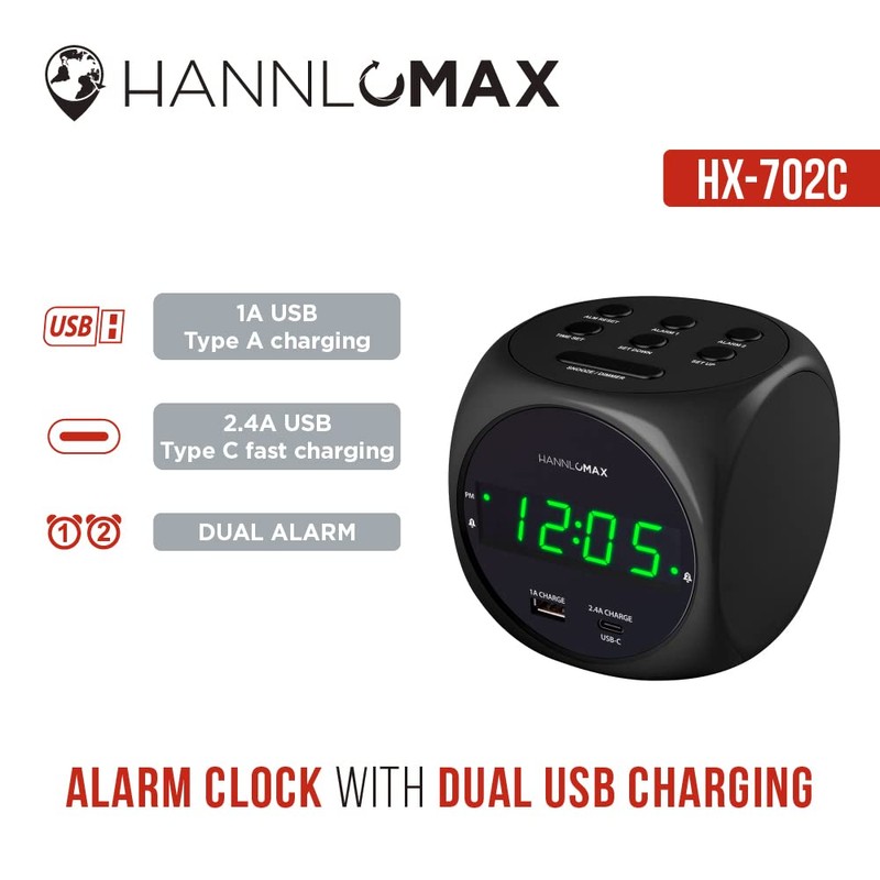 HANNLOMAX HX-702C Digital Clock with Dual Alarm, 0.7" Green LED