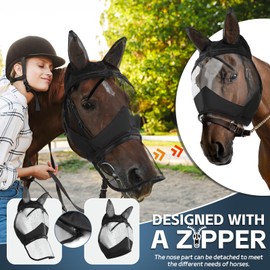 Horse Fly Mask with Ears Long Nose Full Face,Nose Net Cover Removable via Zipper Soft Mesh UV Protection (COB)
