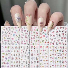 12 Sheets Colorful Flower Nail Art Sticker Decal 3D Embossed Self-Adhesive Colorful Flower Butterfly Leaf Nail Art Design Sticker Supplies for Women Girls Manicure Art Decoration 931-8