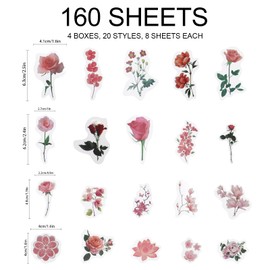 Modixun 160pcs Flower Plant Stickers, 20 Patterns PET Transparent Decorative Stickers, Flower Scrapbooking Stickers, Floral Washi Stickers for Craft Album Journal, Style D