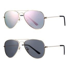 COASION Children's Aviator Glasses with Stainless Steel Metal Frame, Mirrored or Tinted, Aviator Glasses, Sunglasses (A2 Gold Grey + Gold Pink)