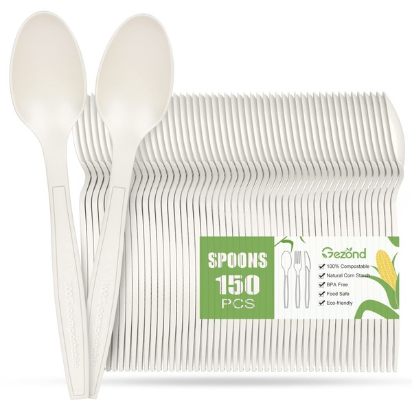 Gezond 150 Count Compostable Spoons White Heavyweight Spoons Disposable Utensils
