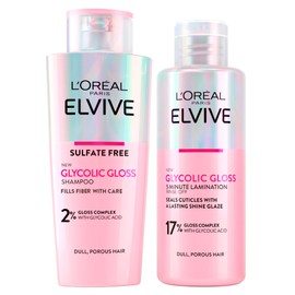 L'Oréal Paris Elvital Glycolic Gloss Shampoo with Glycolic Acid for Porous and Dull Hair 200 ml + 5-Minute Laminating Treatment Seals Cuticles and Gives Intensive Shine 200 ml - 2 Bottles