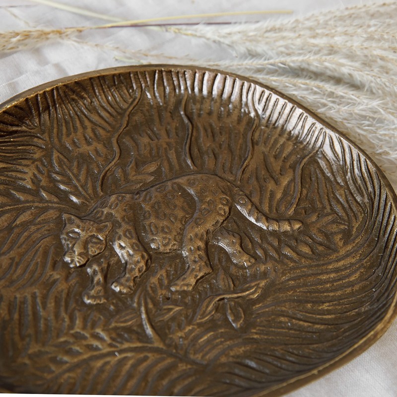 Artesà Oval Serving Platter, Rustic Embossed Metal Plate with Leopard