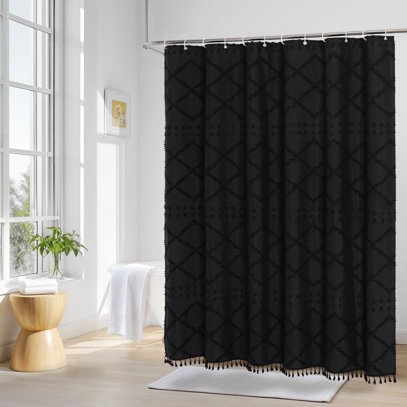 Craidlela Extra Long Black Boho Woven Fabric Shower Curtain with