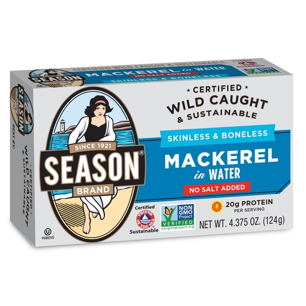 Season Mackerel in Water – Skinless & Boneless, No Salt Added, Wild Caught, Keto Snacks, Canned Mackerel Fillets, Full of Vitamins, Low in Mercury, Kosher, Non-GMO, 20g of Protein – 4.37 Oz, 12-Pack