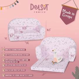 Delsit Toddler Couch & Kids Sofa - European Made Children's 2 in 1 Flip Open Foam Double Sofa - Kids Folding Sofa, Toddler Sofa Bed - Comfy fold Out Lounge (Unicorns and Rainbows Pink)