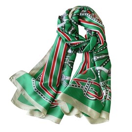 WaJuemy Fashion Satin Scarf Shawl Wrap for Women Long Lightweight Elegant Silky Scarves Floral Designer Headscarf Neck Wraps (13 Green Chain)