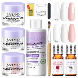 Saviland Acrylic Nail Kit: 3 Colors Pink White Clear Acrylic Powder Set Nail Kit Acrylic Set with Acrylic Nail Brush EMA Monomer Acrylic Liquid 2Pcs Essential Oil Cuticle Oil for Nails Salon