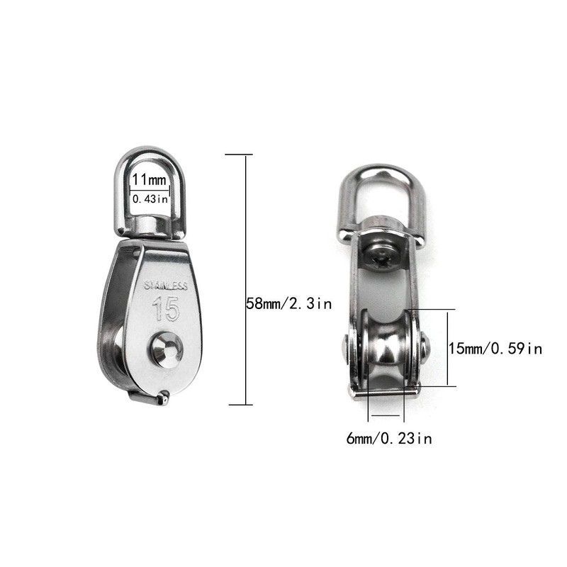 Hamineler 2PCS 304 Stainless Steel Single Pulley Block M15, Wire