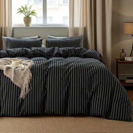 XINMIANFANG Striped Duvet Cover Set Full Size 100% Washed Cotton Linen Feel Natural Wrinkle Comfy Lightweight Bedding Set (Full, Double Stripe-Black/White)
