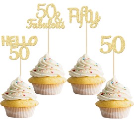 Gyufise 24 adornos para cupcakes de 50 cumpleaños con purpurina dorada 50 y fabulosas decoraciones para tartas Hello 50 50 púas para cupcakes 50 cumpleaños